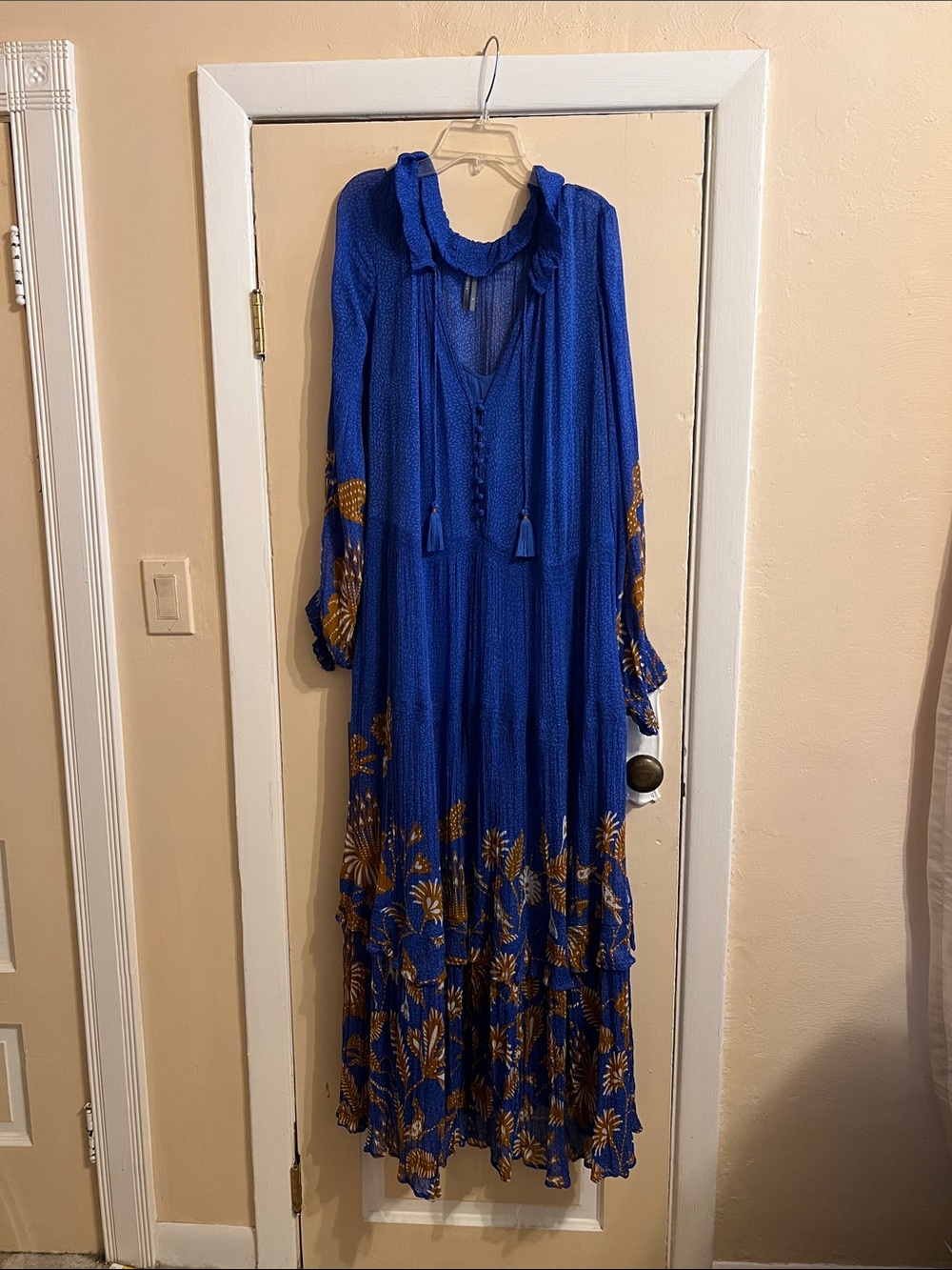 Anthropologie Royal Blue Maxi Dress with Gold Leopard & Floral Print